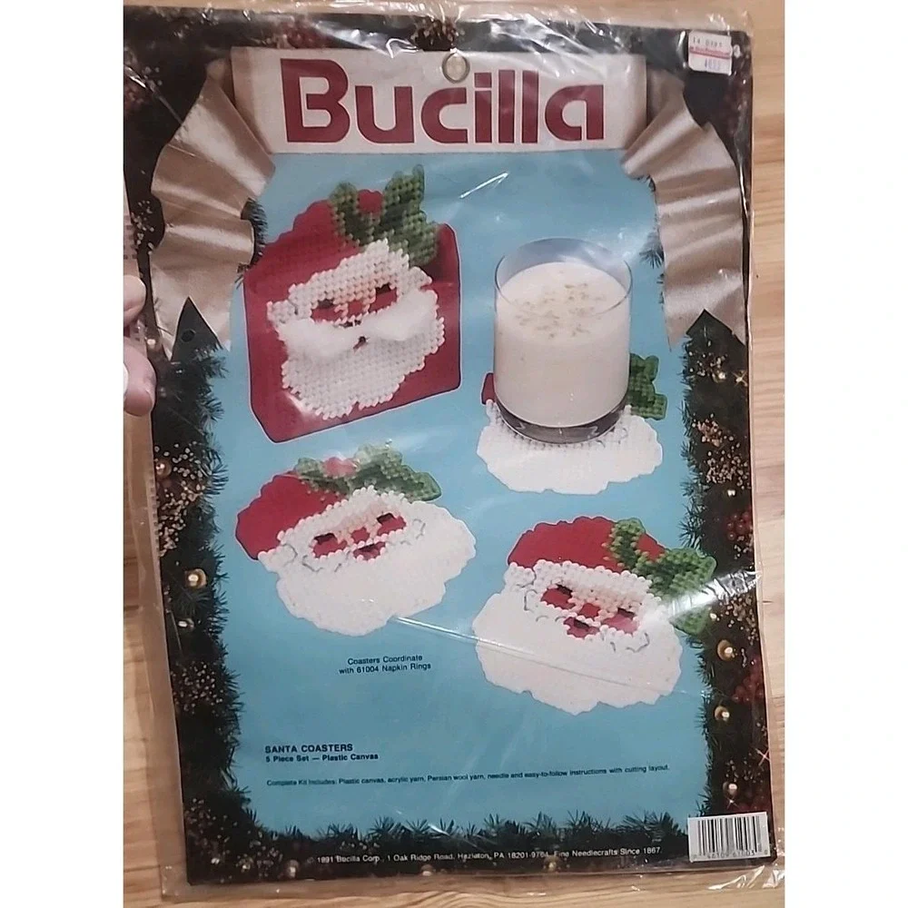 1991 Bucilla Santa Coaster Craft Kit VTG Christmas Plastic Canvas Needlecraft